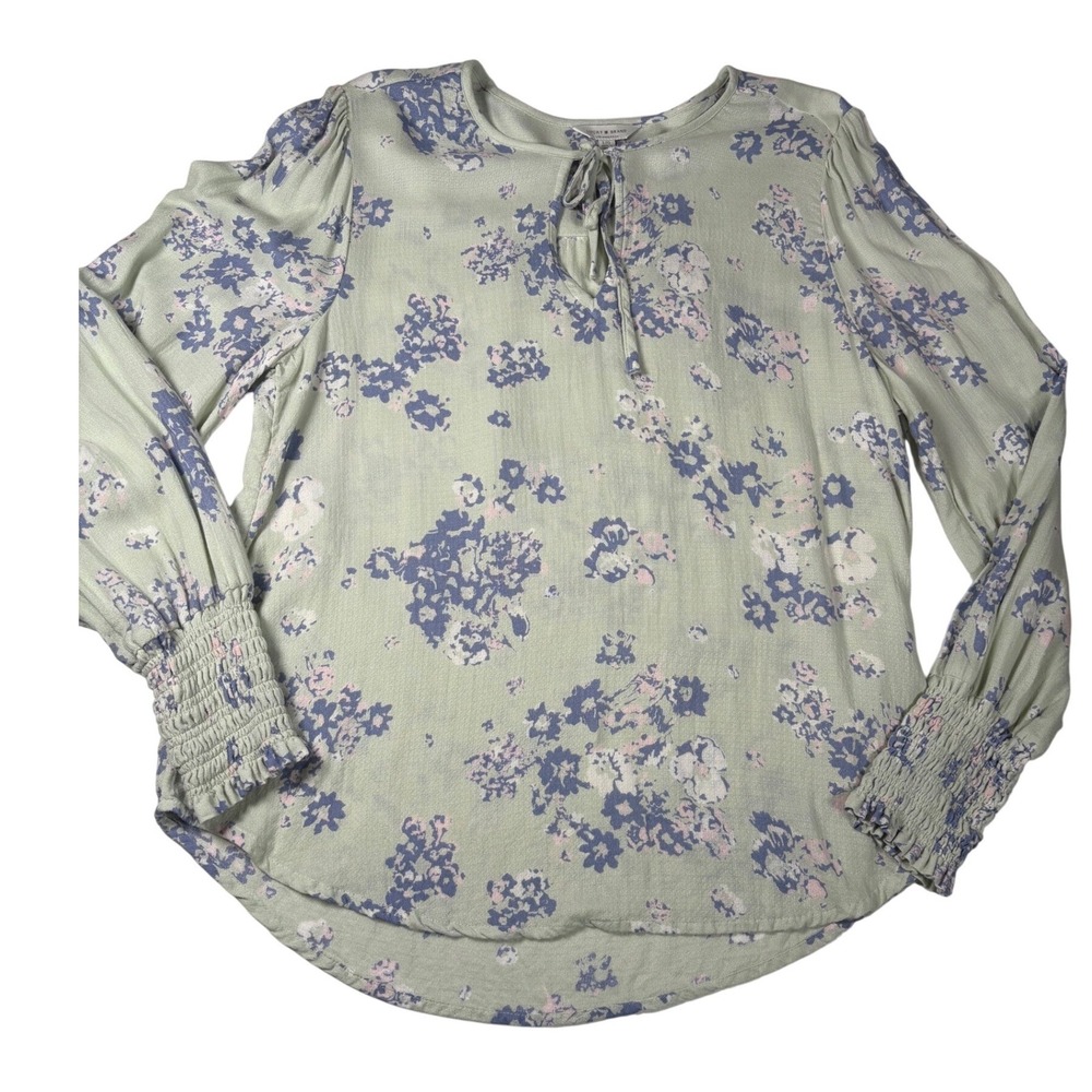 Lucky Brand Sage Green Floral Long Sleeve Peasant Blouse Keyhole Tie Top L Boho